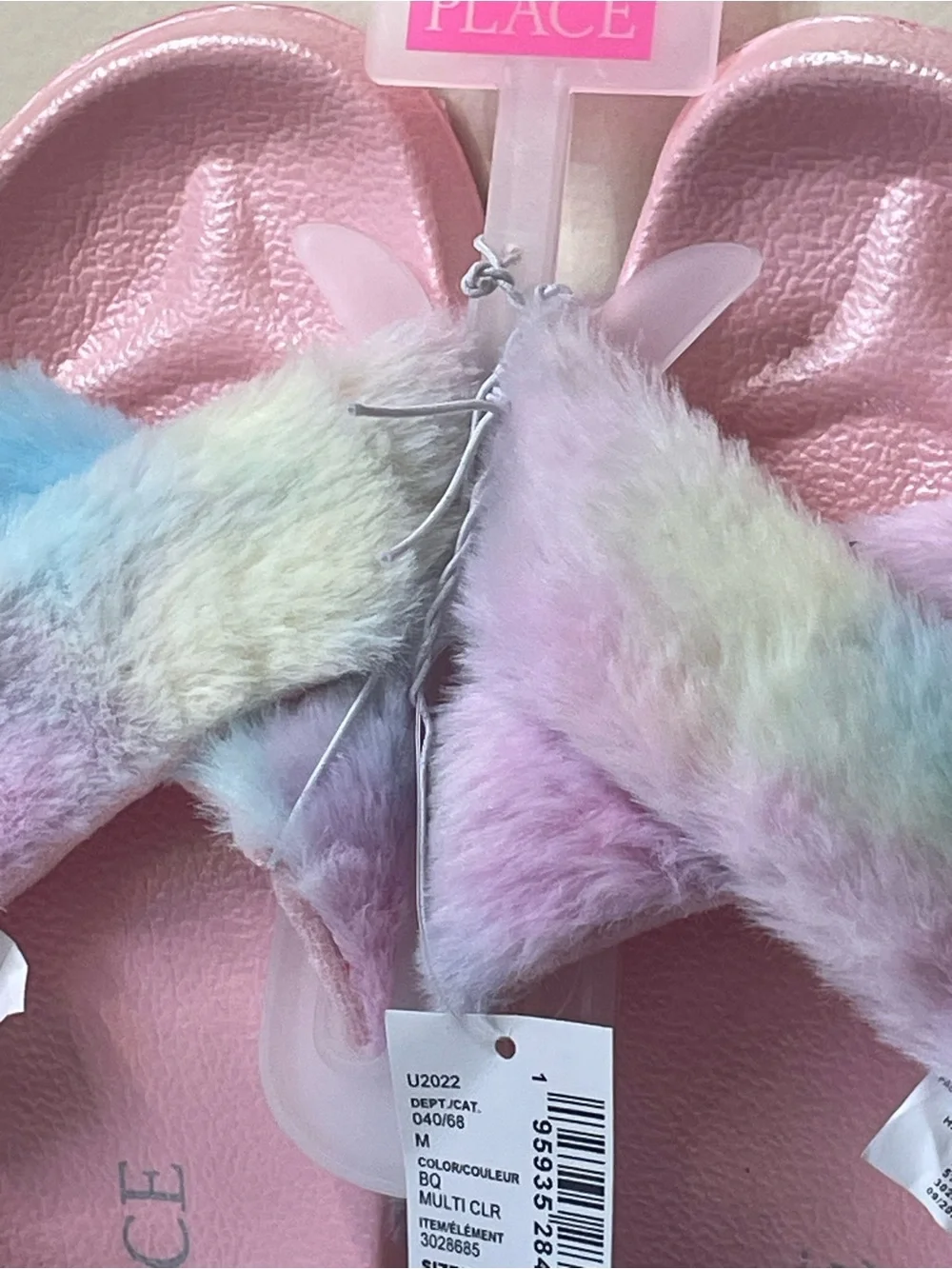 Place Pink Slide Sandals with Pastel Rainbow Faux-Fur Straps@